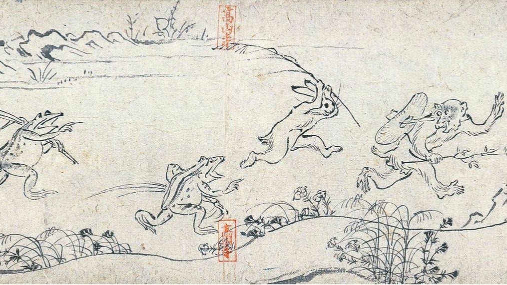 暖簾『鳥獣戯画 弓 腕比べ』水墨画家による肉筆 一点物 暖簾『鳥獣戯画 弓 腕比べ』水墨画家による肉筆 一点物 絵画 - 絵画